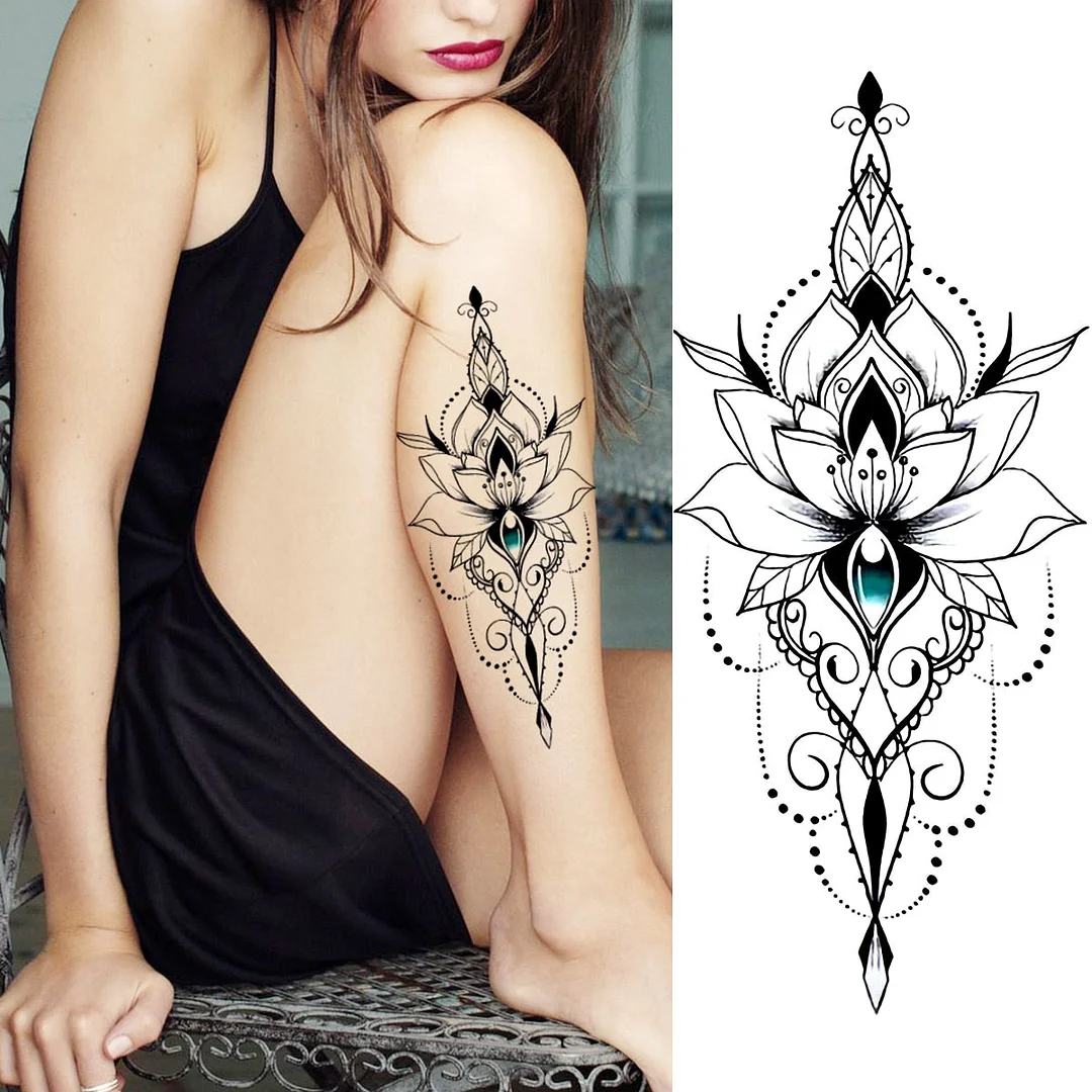 Black Lotus Pendant Temporary Tattoos For Women Adult Rose Flower Jewelry Fake Tattoo Fashion Calf Waterproof Half Sleeve Tatoos