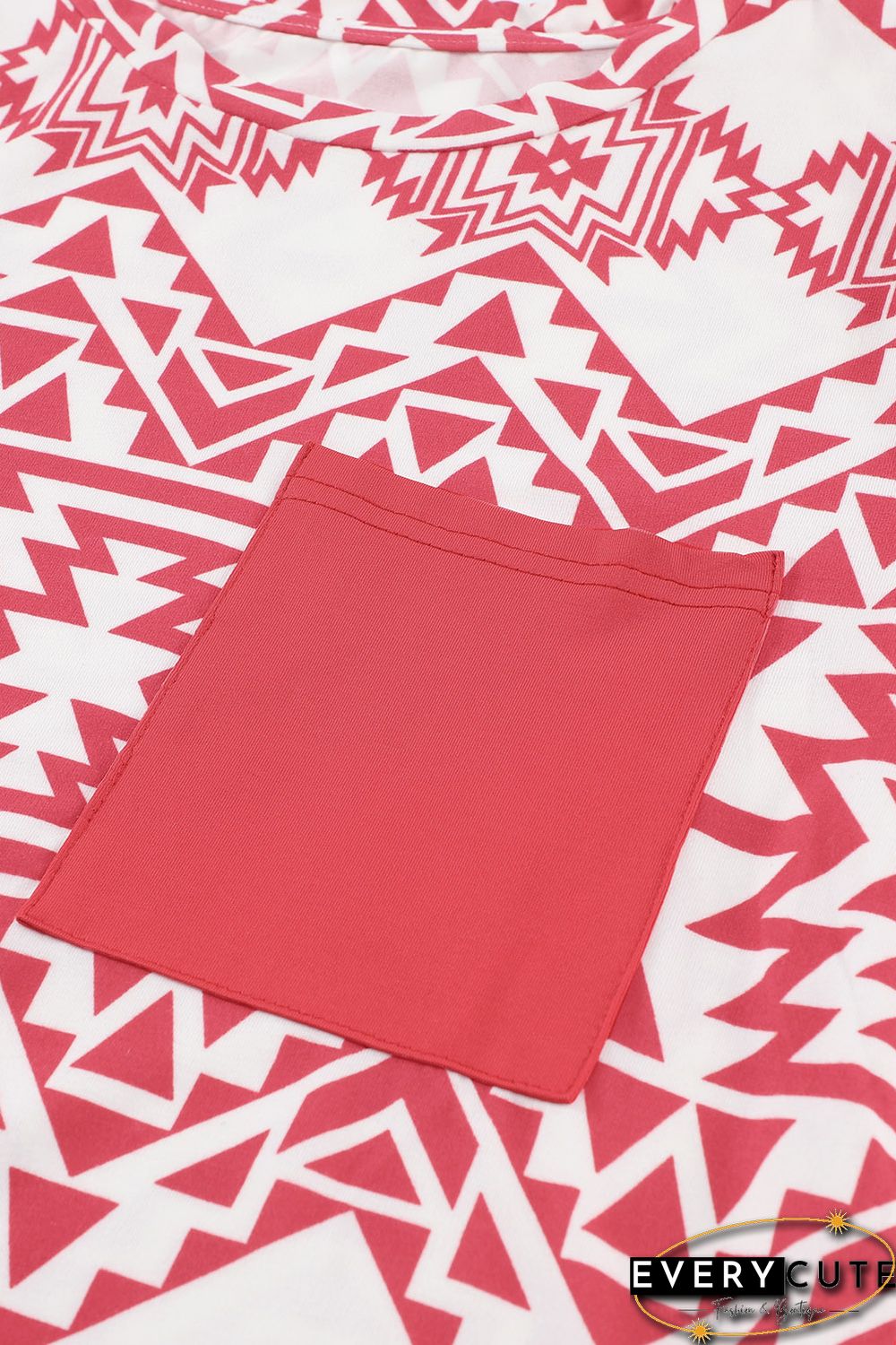 Red Aztec Print Splicing Pocket Long Sleeve Top