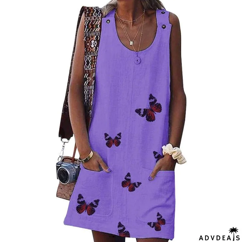 Casual Fashion Sleeveless Dress with Butterfly Print for Ladies.