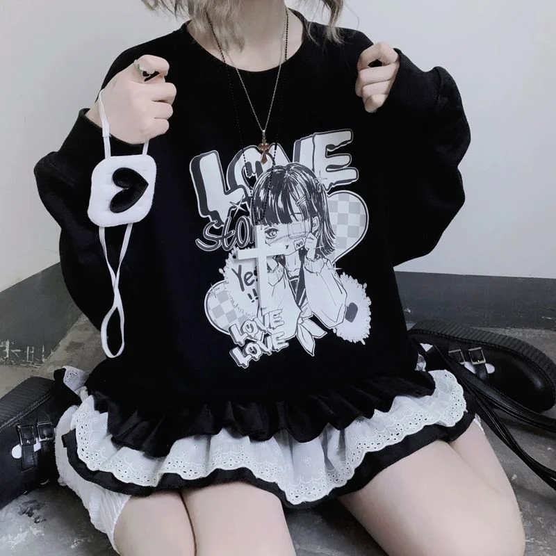 Jangj Japanese Anime Hoodie Women Kawaii Long Sleeve BM Cartoon Kpop Emo Sweatshirts E Girl Loose Harajuku Hoodies Korean Hooded