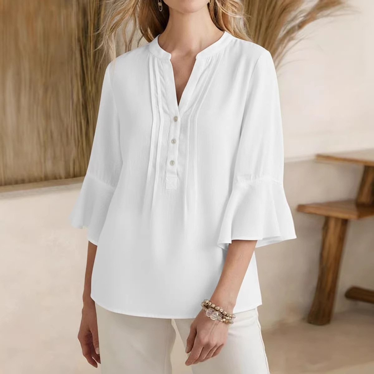Women's Solid Color V Neck Short Sleeve Linen Blend Shirt wearshes