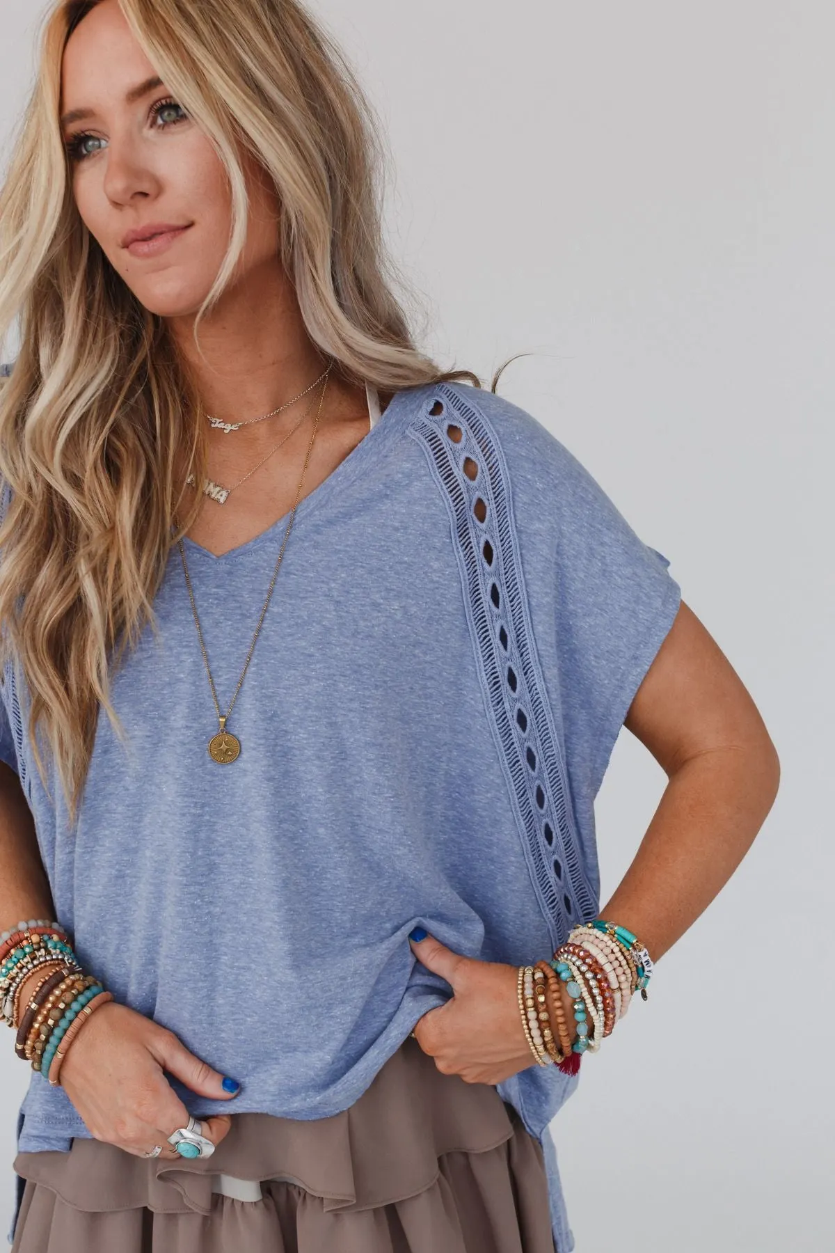 The Nest Camden Lace V Neck Top - Denim