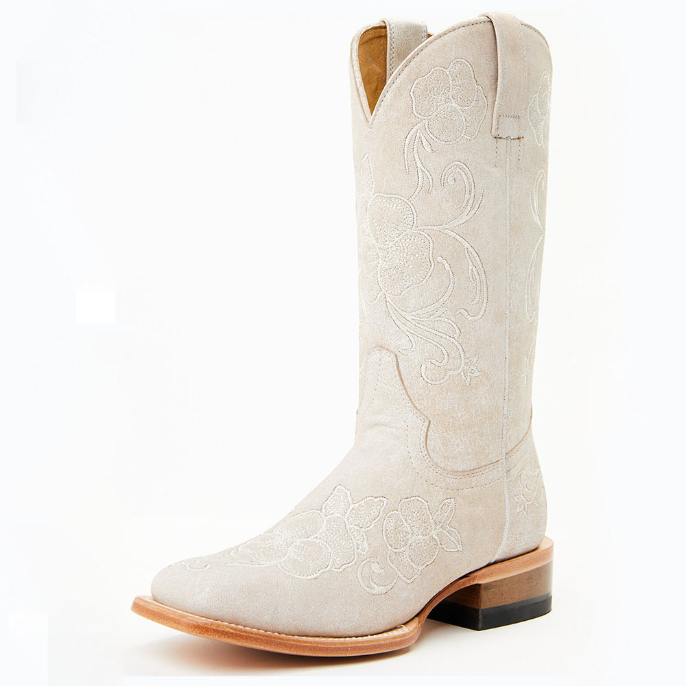 Beige Square Toe Floral Embroidered Cowgirl Boots with Chunky Heel Nicepairs