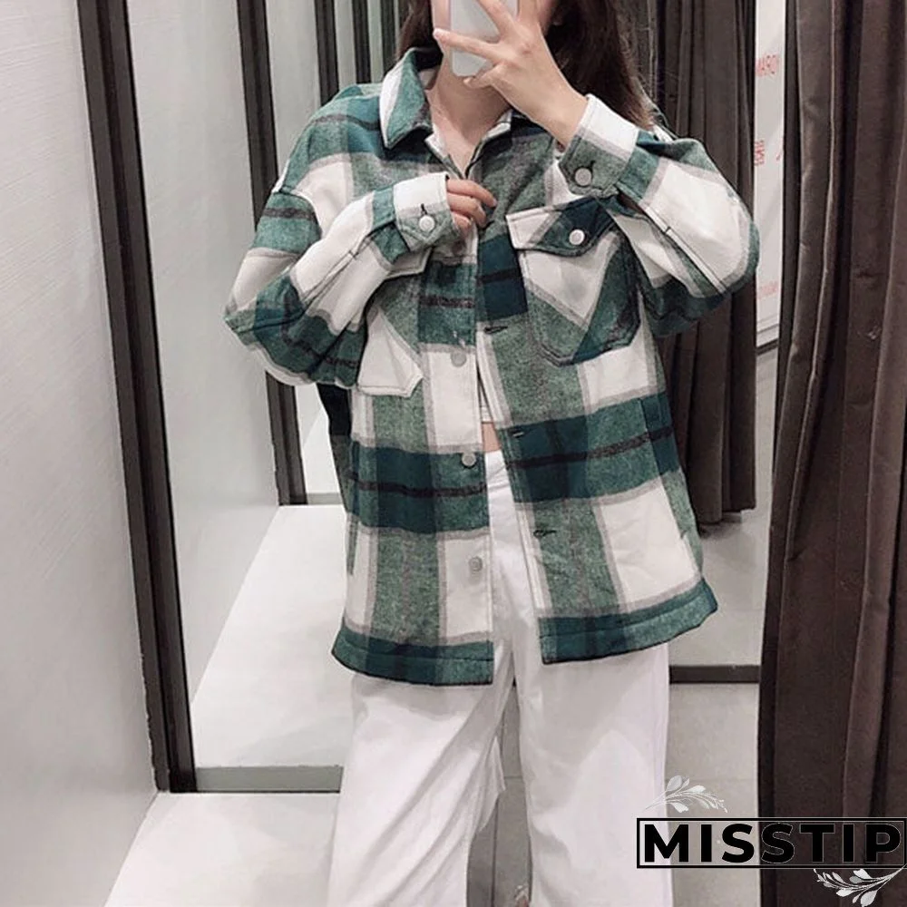 Classic Thick Colorblock Checked Button Down Shirt Jacket Woolen