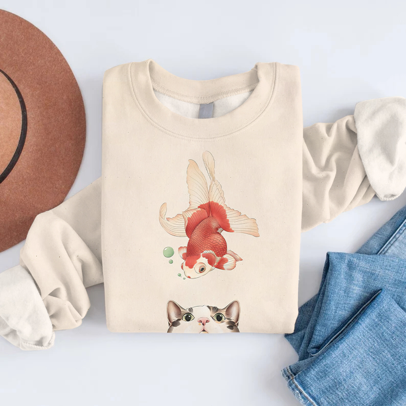 Women's Cat And Goldfish Print Casual Round Neck Sweatshirt  artssus