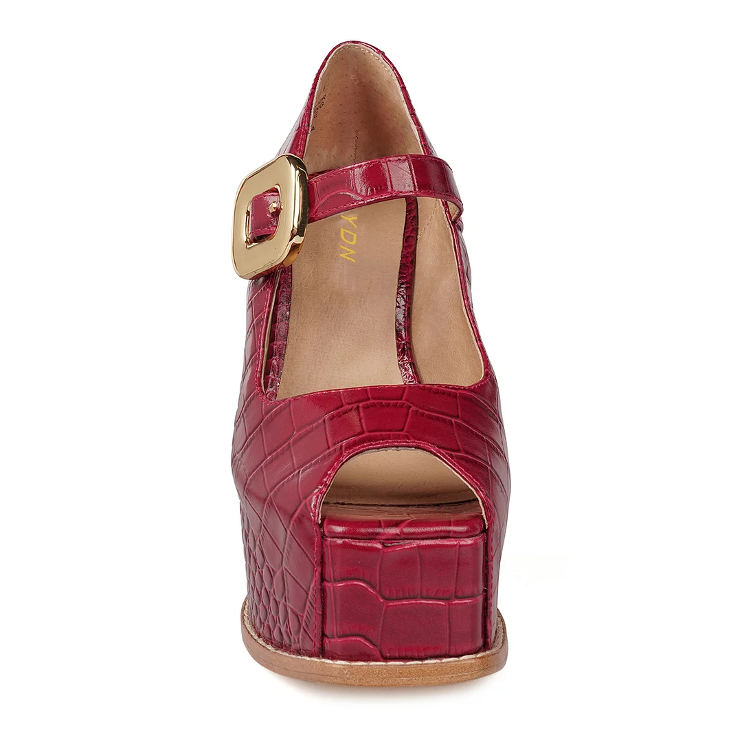 Vegan Leather Python Platform Peep Toe Woody Heel Party Pumps in Red