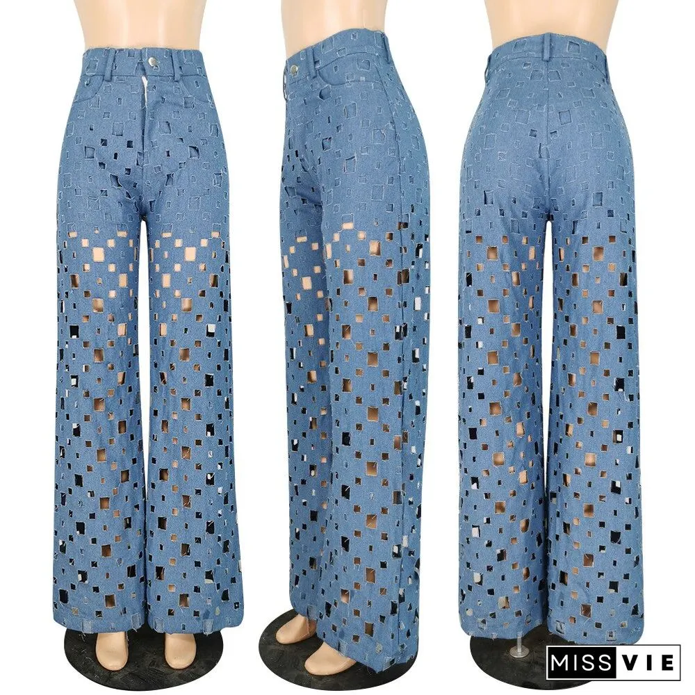 Womens clothes streetwear hollow out jeans denim trousers high waist loose style type fit