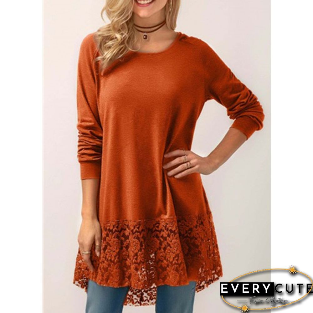Women Fashion Solid Color Hoodies Long Sleeved T-shirt Autumn Lace Hooded Sweater Plus Size