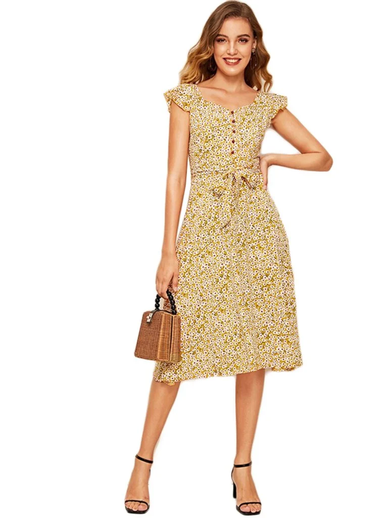 Casual Dress Floral Print Butterfly Sleeve Sweetheart Dress