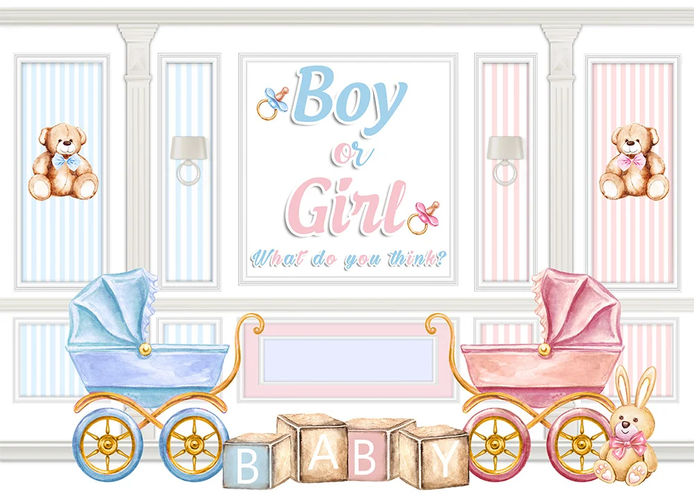 Blue Pink Baby Carriage Boy Or Girl Gender Reveal Backdrop RedBirdParty