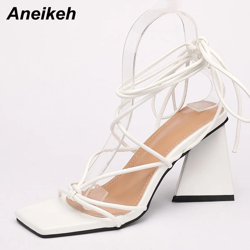 Aneikeh 2022 Fashion Solid Square Open Toe Summer Sandals PU Ankle Cross-Tied Mid Heel Women Shoes Concise 35-42 Zapatos Mujer
