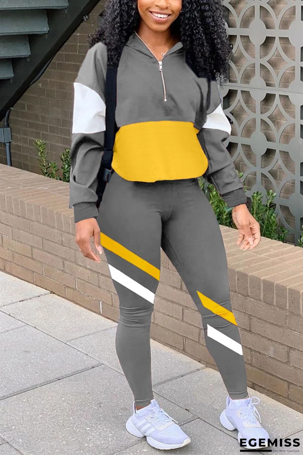 Gray Casual Sportswear Long Sleeve Zipper Collar Regular Sleeve Regular Patchwork Two Pieces | EGEMISS