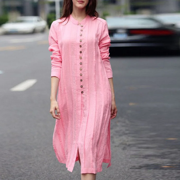 Women's Solid Shirt Dress Stand Collar Side Slit Shirt Dress