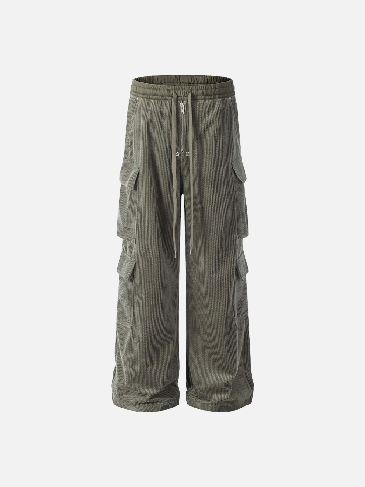 Green Act Chic Solid Multi-Pocket Corduroy Baggy Pants Front