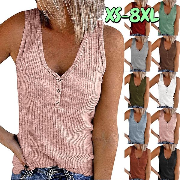 XS-8XL Spring Summer Tops Plus Size Fashion Clothes Women's Casual Sleeveless Tank Tops V-neck Button Up Shirts Solid Color Sleeveless Blouses Ladies Knitted Tops Slim Fit Vest Off Shoulder Tops - Shop Trendy Women's Clothing | LoverChic