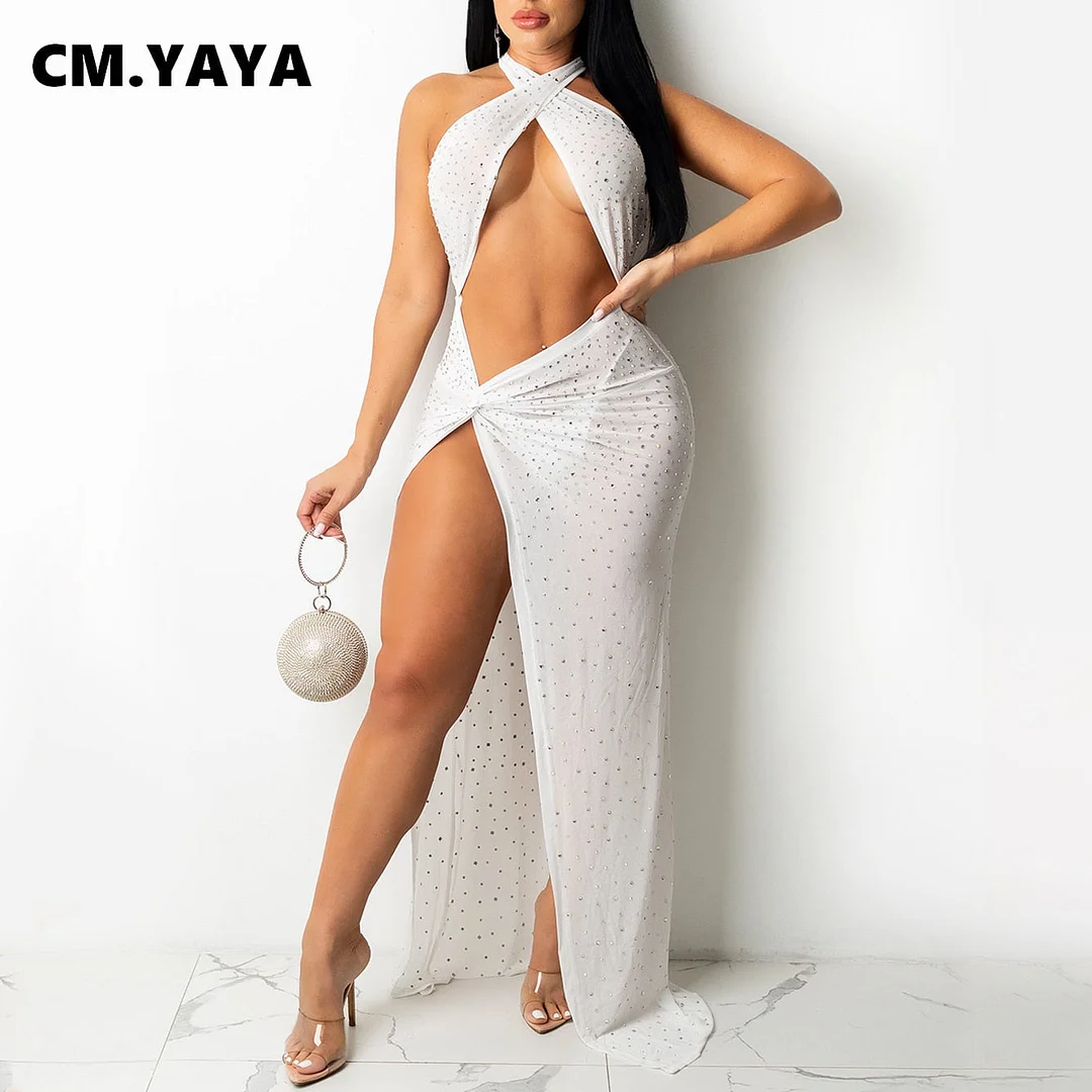 CM.YAYA Women Hot Rhinestones Halter Neck High Slit Sexy Maxi Dress Mesh See Though INS Sexy Party Autumn Winter Long Dresses