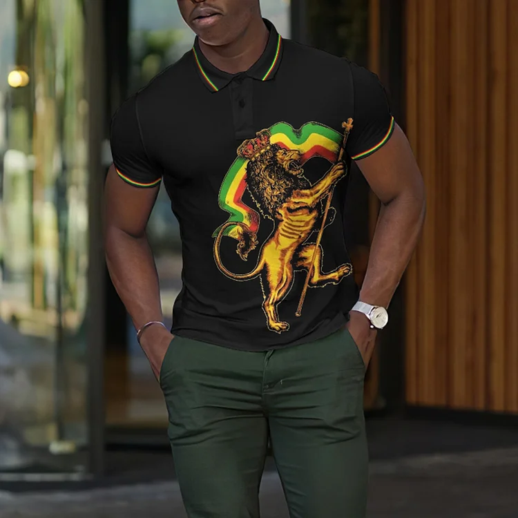 BrosWear Men'S Rasta Lion  Print Polo T Shirt