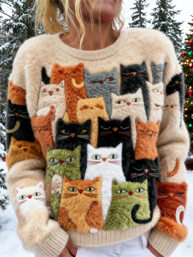 Cute Cat Pattern Women's Soft Plush Sweater elevenforest