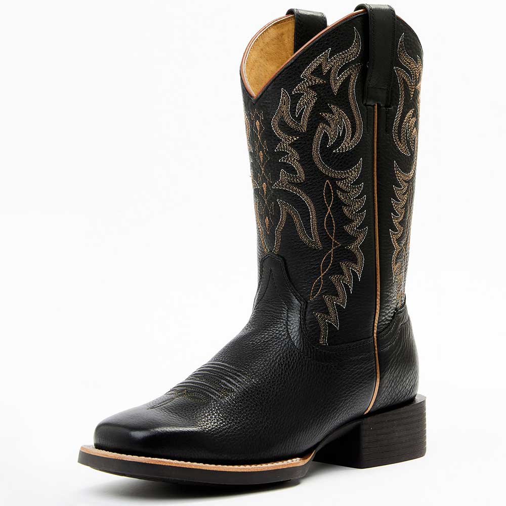 Black Square Toe Block Heel Mid-Calf Cowgirl Boots with Stitching Nicepairs