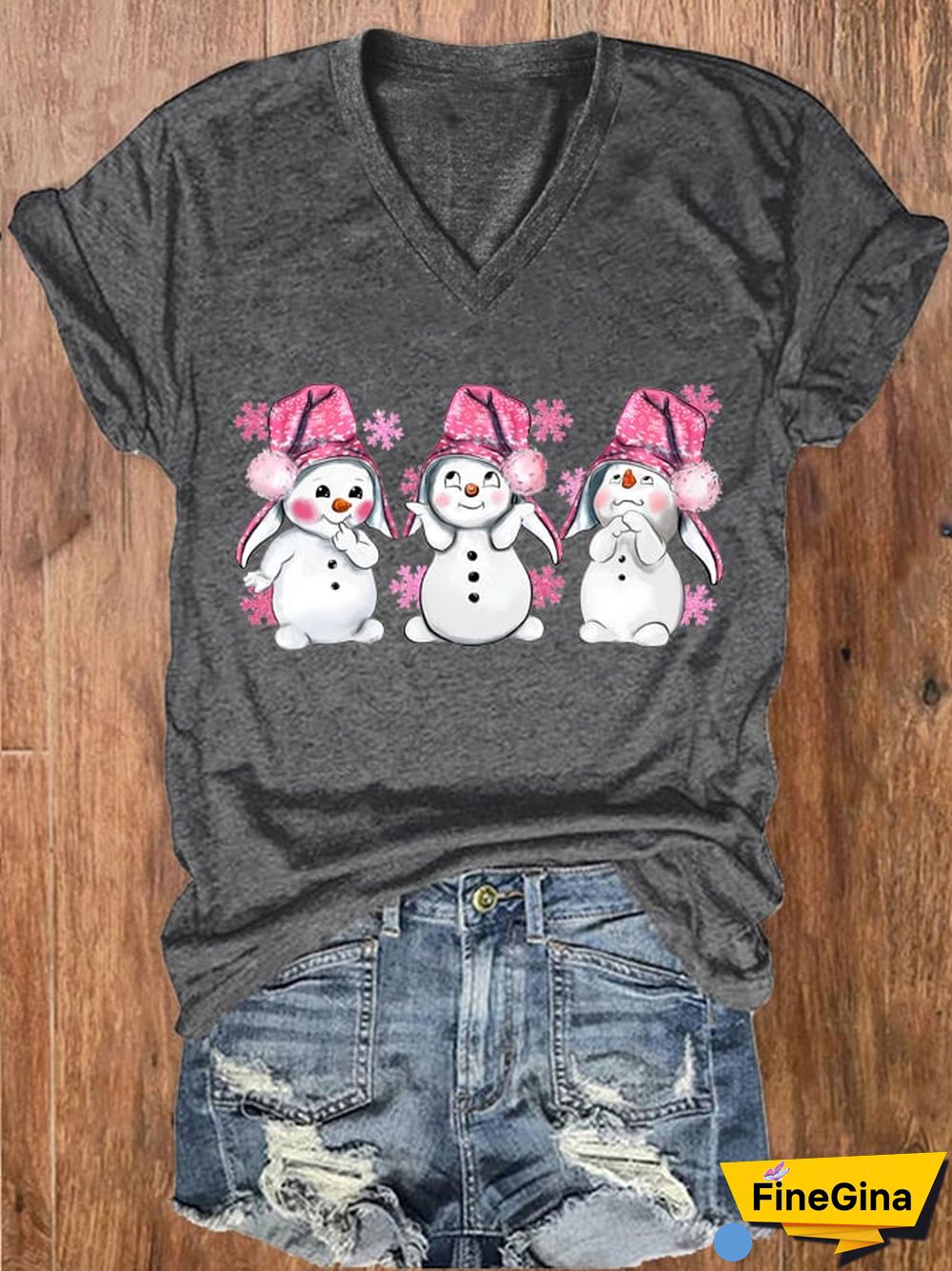 Women's Pink Christmas Snowman Print V-Neck T-Shirt