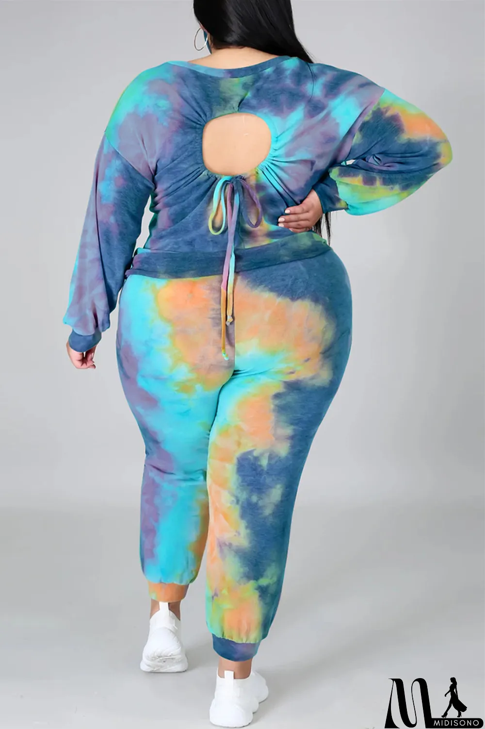 MidiSono - Multicolor Fashion Casual Print Tie Dye Backless O Neck Plus Size Two Pieces