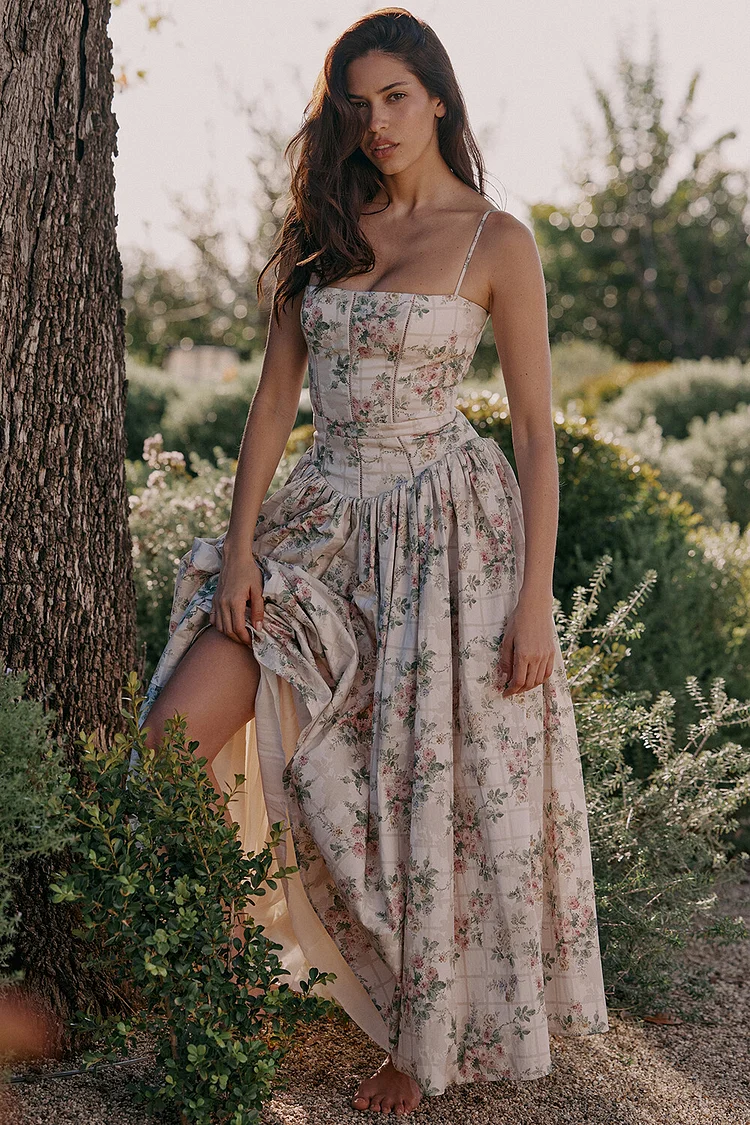 Floral Print Cinch Waist Shirred Slip Maxi Dresses-Beige [Pre Order]