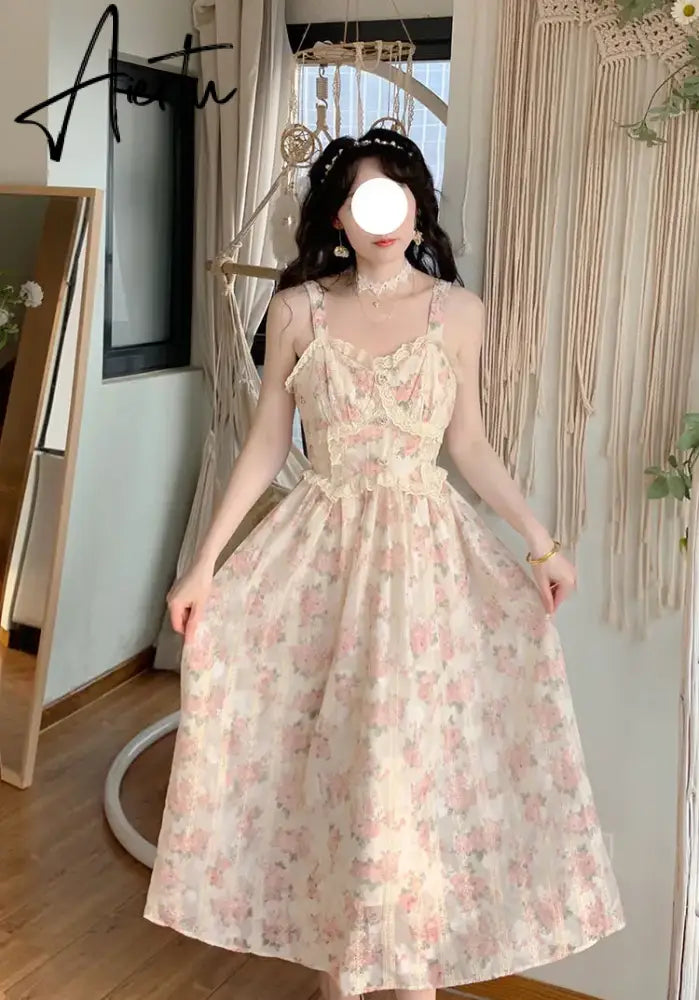 Aiertu Elegant Floral Fairy Dress Women Strap Sexy Party Midi Dresses Casual Design Chic Printing High Waist Fashion Female Dress Aiertu