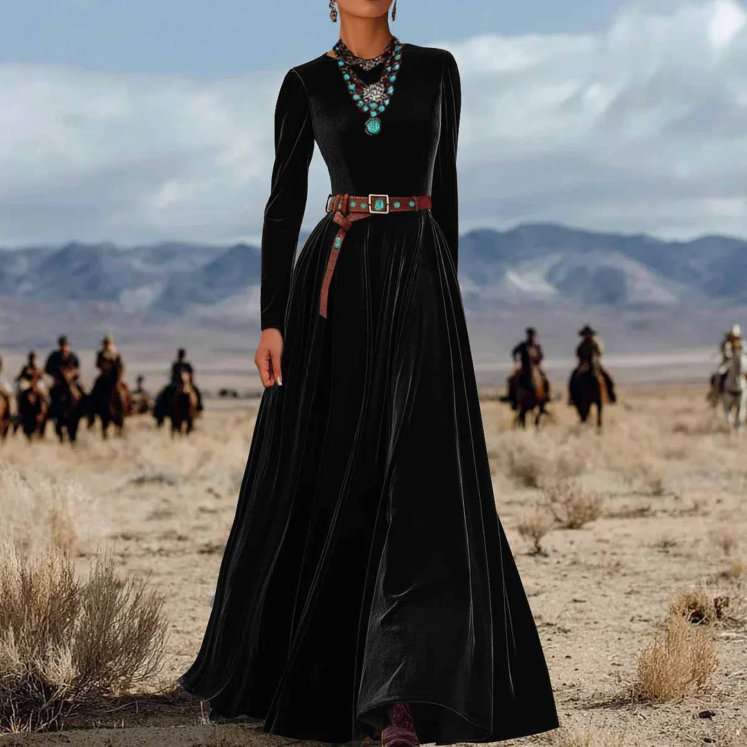 Athvotar Athvotar Elegant Autumn And Winter Long Sleeve Western Velvet Dress