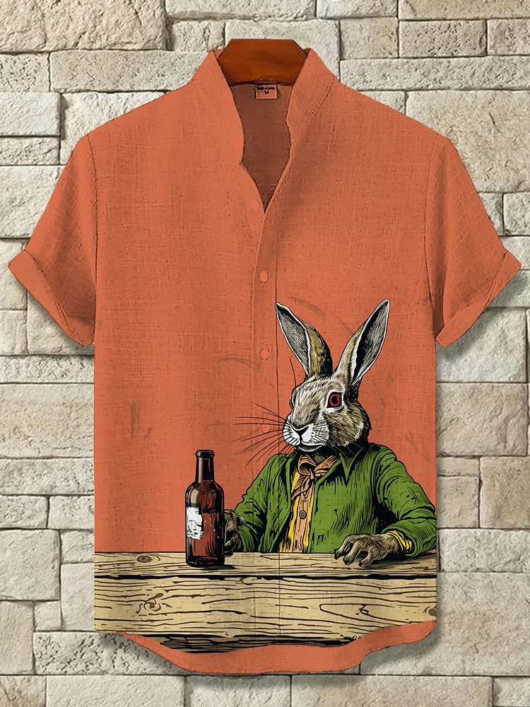 Men's Rabbit Drinking Art Print Casual Short Sleeve Shirt