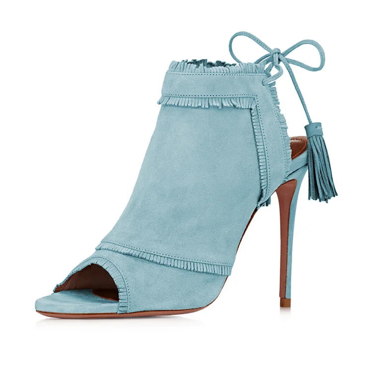 Light Blue Summer Boots Peep Toe Fringes Slingback Stiletto Heels |FSJ Shoes
