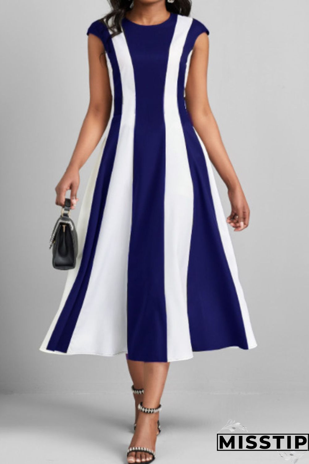 Black Casual Striped Print Patchwork O Neck A Line Dresses