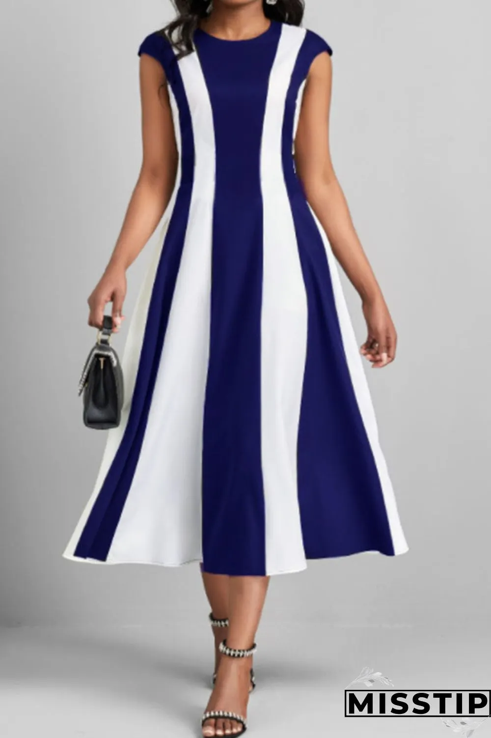 Black Casual Striped Print Patchwork O Neck A Line Dresses