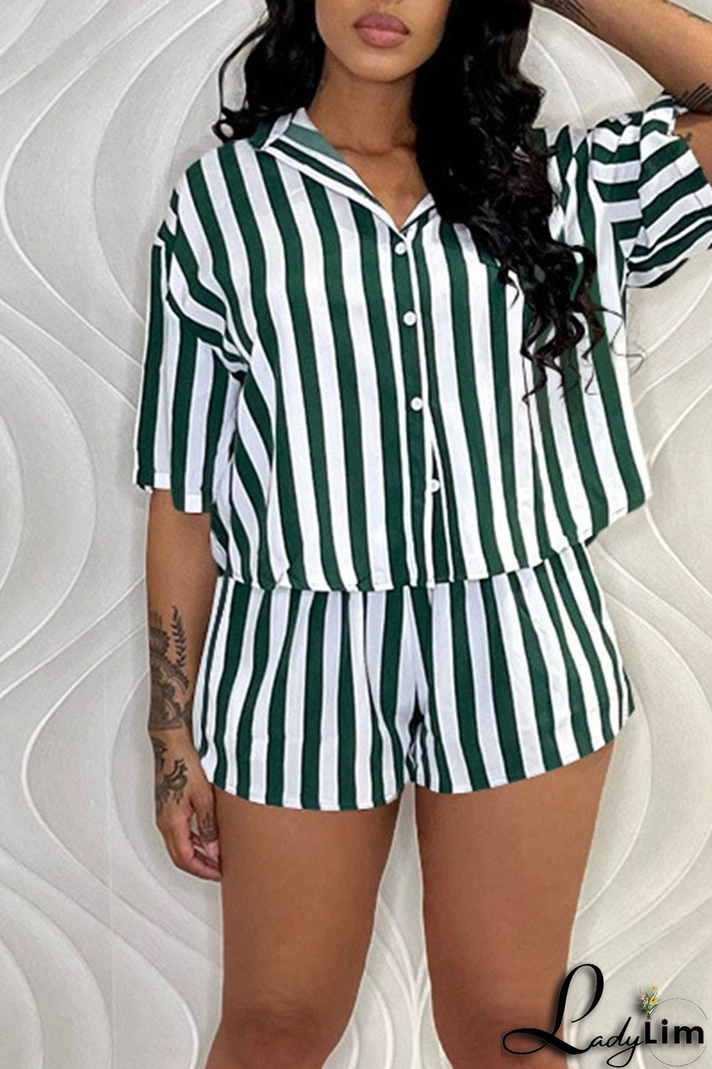 Green Casual Striped Print Patchwork Buckle Turndown Collar Short Sleeve Two Pieces