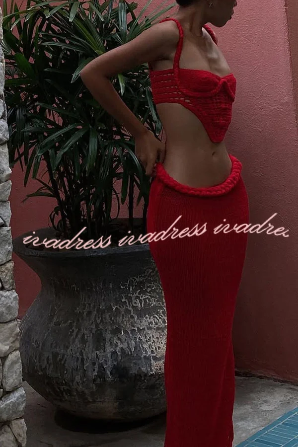 Sumui Hollow Crochet Knit Braid Detail V-shaped Hem Crop Vacation Tank