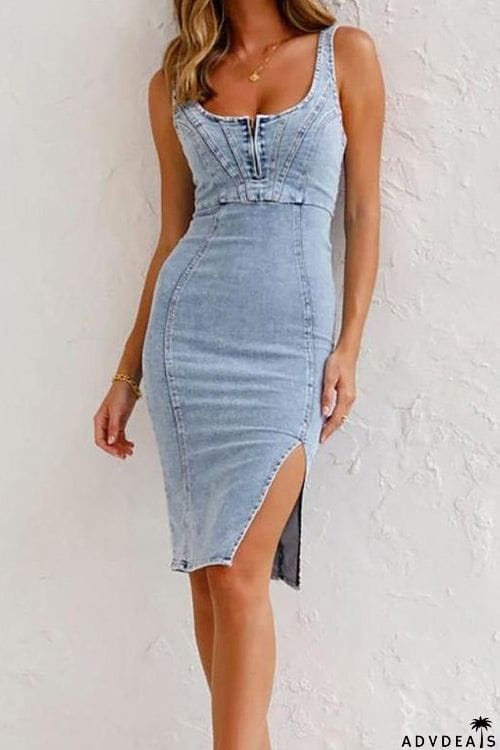 Irregular Elastic Wash Denim Dress