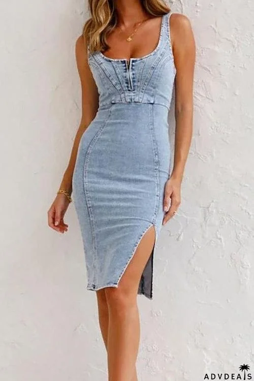 Irregular Elastic Wash Denim Dress