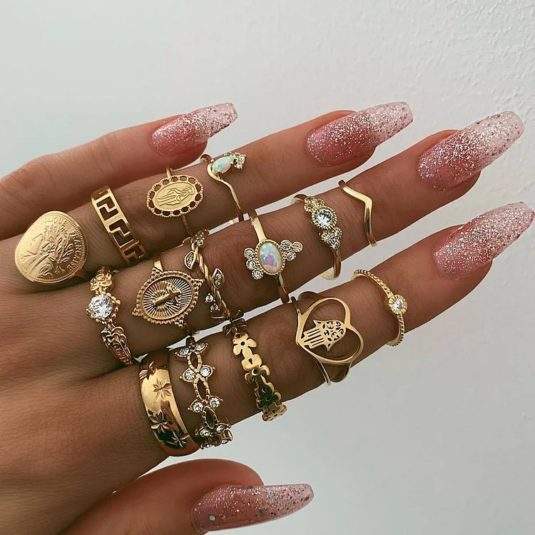 15Pcs Boho Knuckle Flower Black Vintage Ring Set For Women And Girls