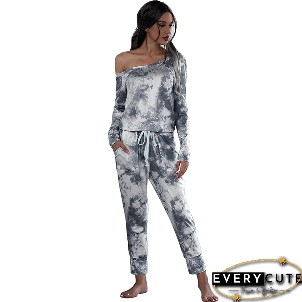 Gray Off Shoulder Tie Dye Printed Jumpsuit