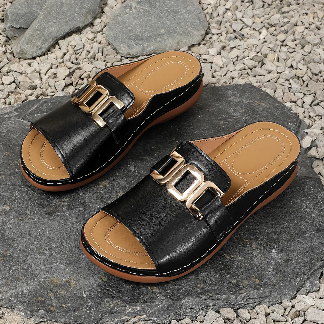 Breakj Breakj New Slope And Thick-Bottom Slippers Women Metal Decoration Type Roman Wind Fish Mouth Beach Cold Slippers
