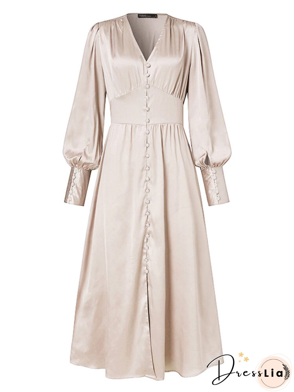 Solid Color Patchwork Puff Sleeves V-neck Satin Casual Dress