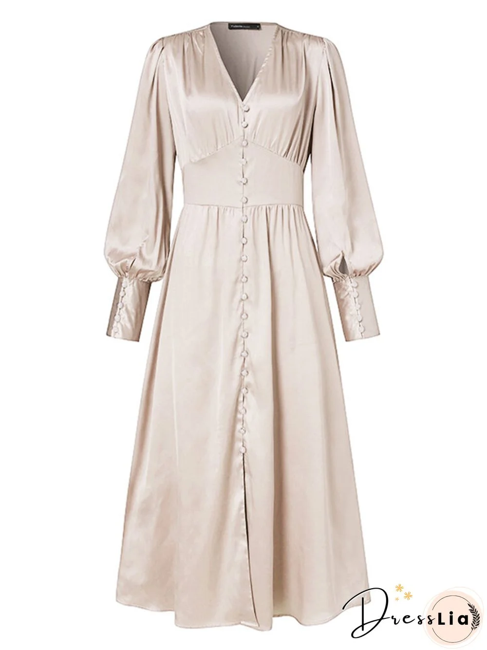 Solid Color Patchwork Puff Sleeves V-neck Satin Casual Dress