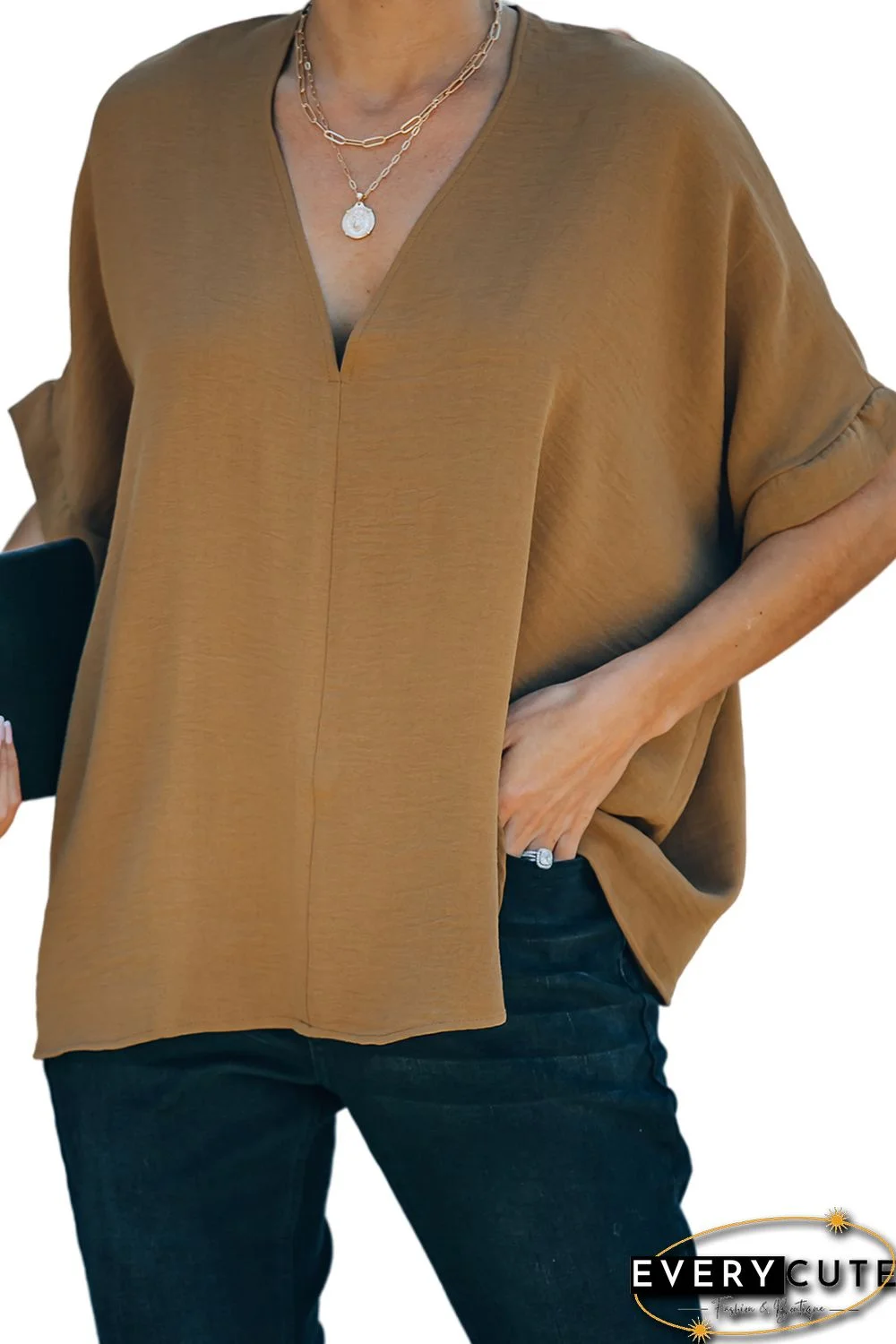 Brown Solid Loose V Neck Short Sleeve Blouse