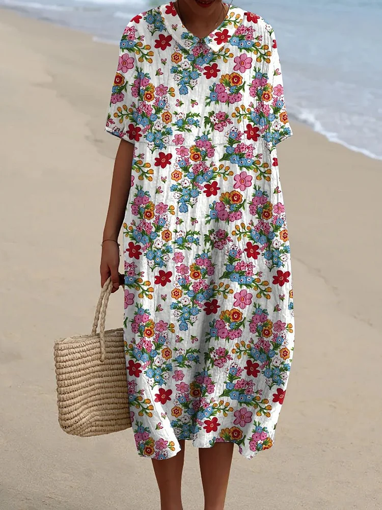 Women's Vintage Floral Art Print Pocket Linen Dress（Convertible Dress With Front And Back Option）