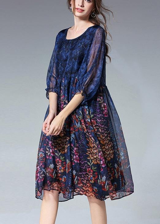 DIY Blue Print Chiffon O-Neck Summer Dress