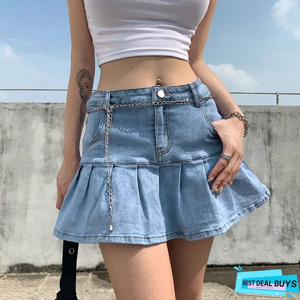 Fashionkova  Harajuku Punk Y2K Denim Mini Pleated Skirt Ladies Summer High Waist Jeans Shorts Skirts Women Ruffles Fashion Korean