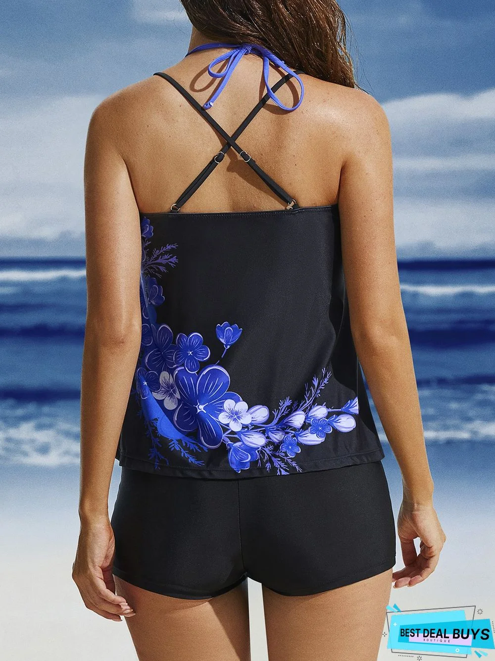 Vacation Floral Printing Scoop Neck Tankinis Two-Piece Set