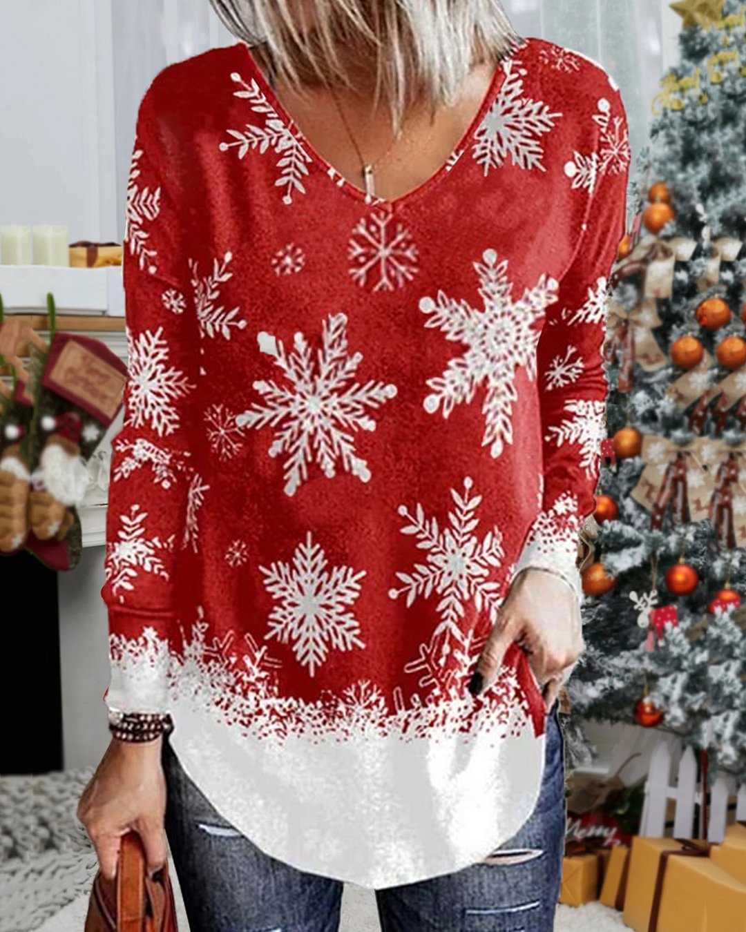 Women Christmas Print Casual Long Sleeve Loose T-Shirt