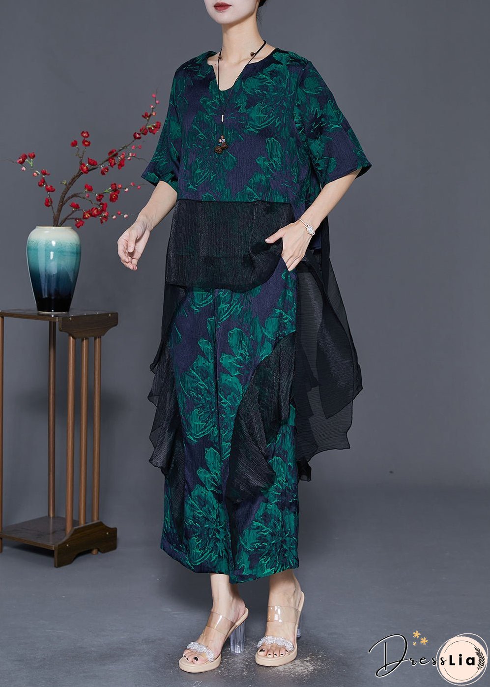 Stylish Green Oversized Patchwork Print Silk Two-Piece Set Fall