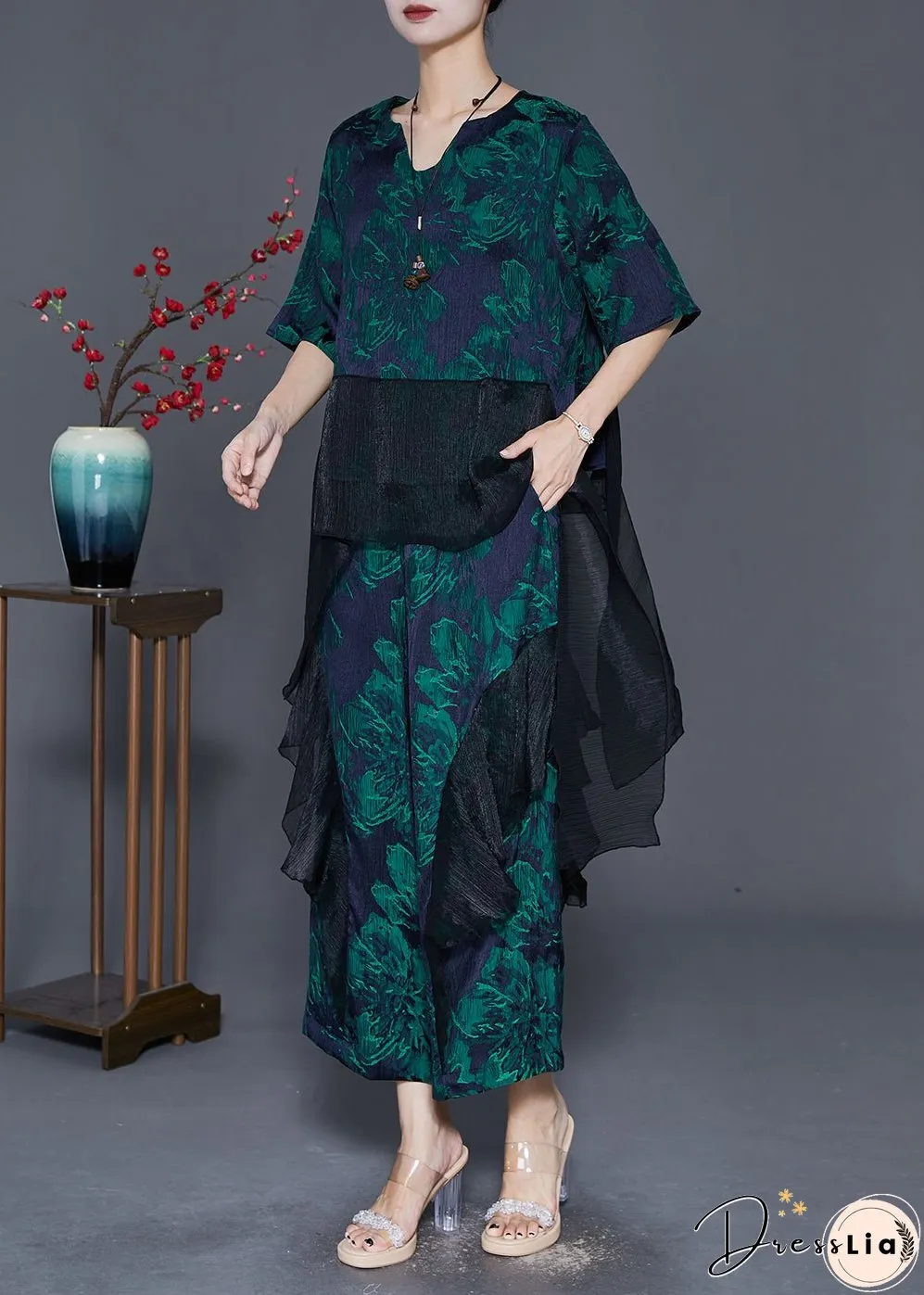 Stylish Green Oversized Patchwork Print Silk Two-Piece Set Fall