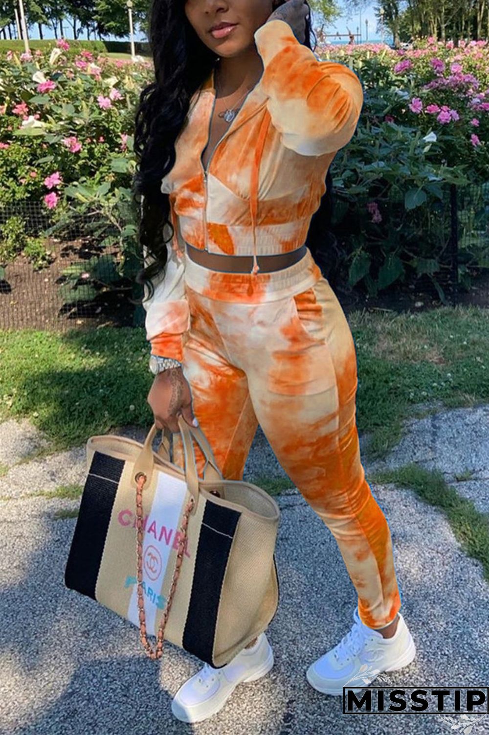 Orange Blends Casual Print Tie Dye pencil Long Sleeve Two Pieces